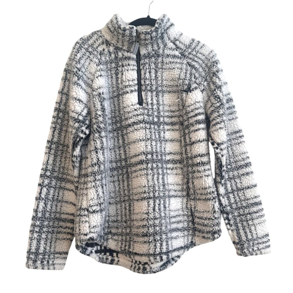 Halcyon White with Black Abstract Plaid Pattern Half Zip Popover Sherpa Sweater